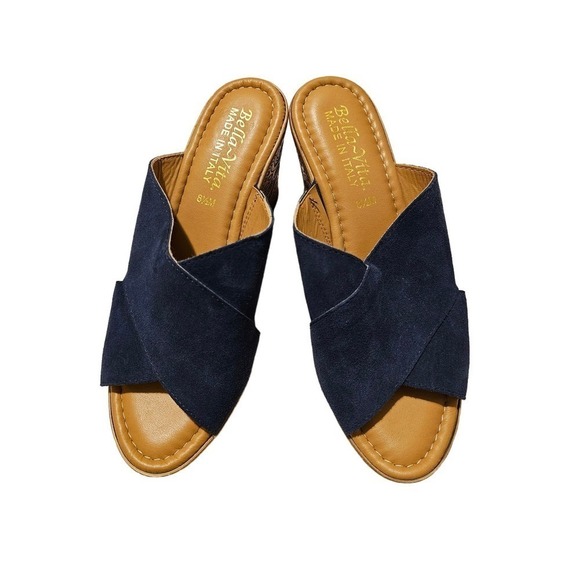 Bella Vita made in Italy Sz.8.5M. Platform slippers. Navy suede. Aztec heels - Picture 2 of 9